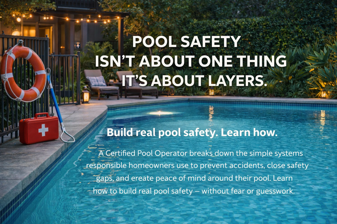 “A calm, well-lit backyard swimming pool at dusk with clear water, safety equipment visible, and a secure pool area, representing layered pool safety and responsible pool ownership.”