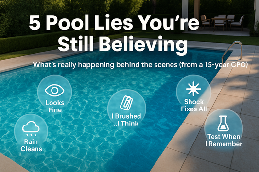 A stunning residential pool that looks absolutely perfect—crystal clear blue water, pristine deck, inviting setting. BUT overlay it with bold headline text and "myth bubbles" floating on the water surface to create a scroll-stopping, shareable image.