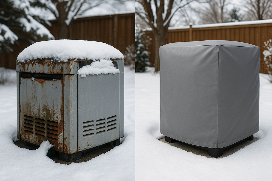Pool heater winter damage comparison showing unprotected heater with freeze damage and rust versus protected heater with breathable Climate Shield cover in winter