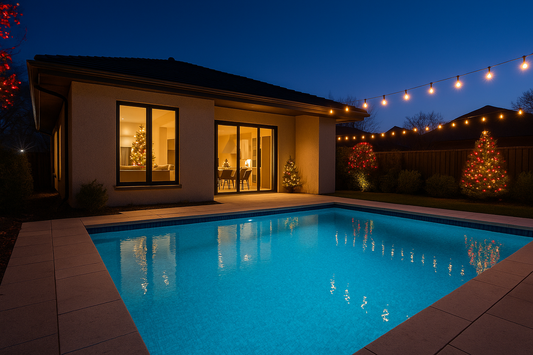 Crystal-clear backyard pool at dusk with warm holiday lights and a modern home glowing in the background, creating a clean and festive December atmosphere.