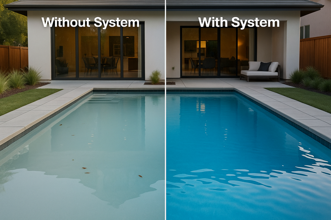 Comparison of cloudy pool water after party versus crystal clear pool water using prevention system