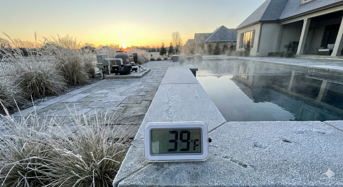 Luxury swimming pool deck covered in morning frost with steam rising from the water. A digital thermometer in the foreground reads 39 degrees Fahrenheit, illustrating the risk of swimming pool freeze damage before temperatures hit freezing.