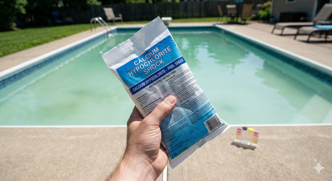 A first-person view of a pool owner holding a bag of generic calcium hypochlorite shock against a backdrop of a visibly cloudy swimming pool, looking for specific dosage instructions.