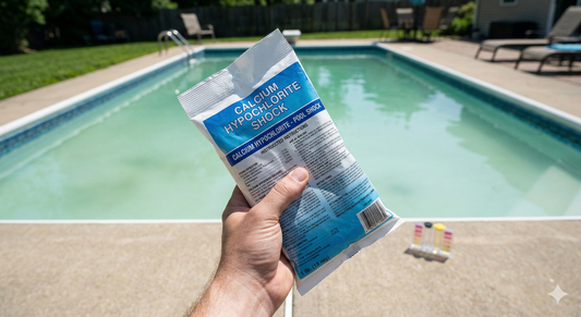 A first-person view of a pool owner holding a bag of generic calcium hypochlorite shock against a backdrop of a visibly cloudy swimming pool, looking for specific dosage instructions.