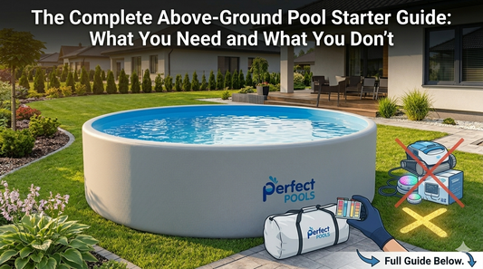 Perfect Pool Co 20ft round above-ground pool fully set up in a suburban backyard with clear blue water on a sunny day, ladder visible, equipment pad in background