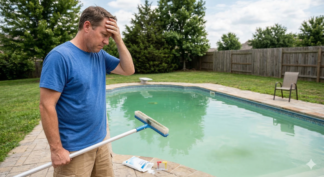 Frustrated pool owner looking at a swimming pool turning green again with recurring algae, illustrating the algae comeback cycle.