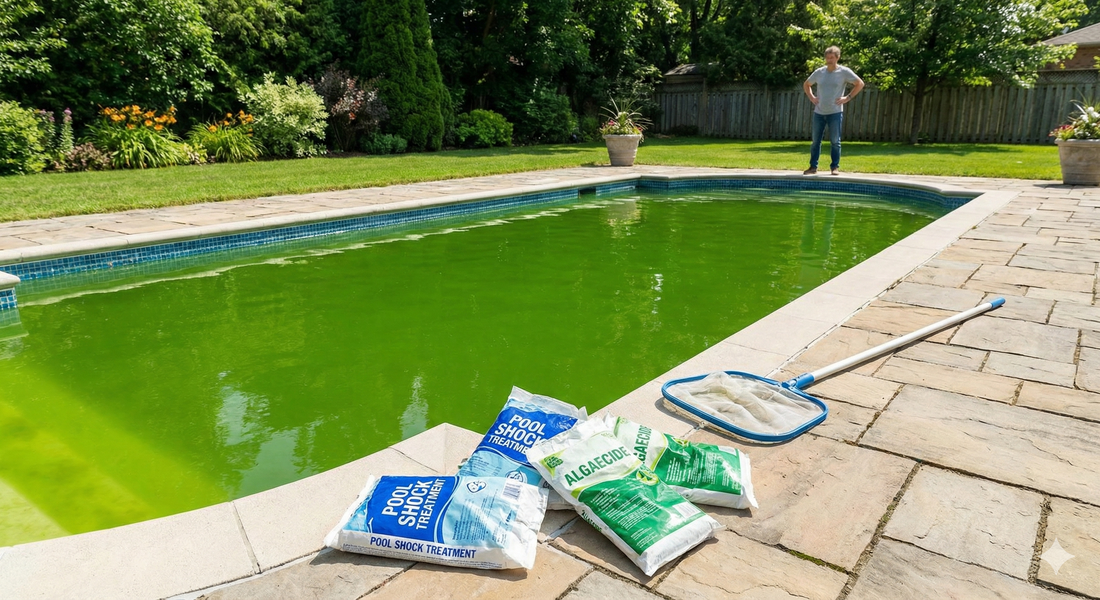 A frustratingly murky green swimming pool in a residential backyard with several empty bags of pool shock chemicals lying on the deck, illustrating a failed treatment.