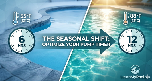Hero image showing a split screen of a swimming pool in winter (cold water, short pump runtime clock) and summer (hot water, long pump runtime clock) for the LearnMyPool seasonal pump settings guide.