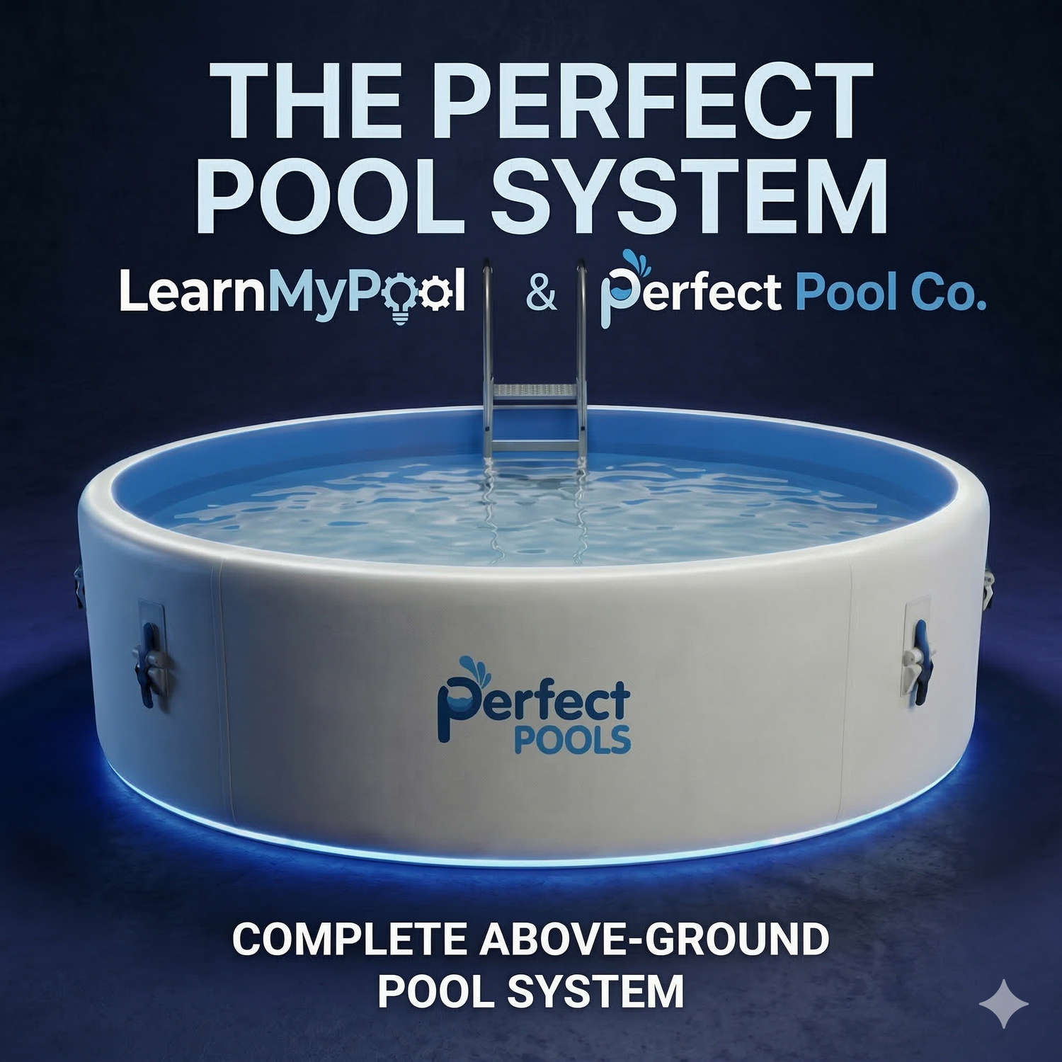 Round white above-ground pool with blue water, ladder, and a glowing base ring on a dark blue background. Text reads: "THE PERFECT POOL SYSTEM" and "LearnMyPool & Perfect Pool Co." at the top, and "COMPLETE ABOVE-GROUND POOL SYSTEM" at the bottom.