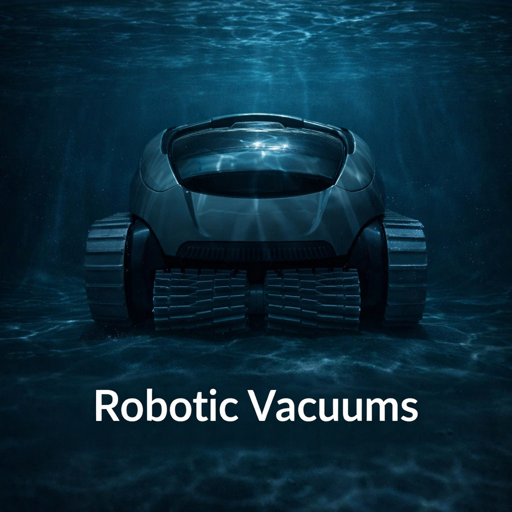 Robotic pool cleaner submerged underwater with dramatic blue lighting — shop robotic pool vacuums at LearnMyPool Shop